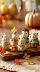 A charming collection of adorable woodland creature figurines celebrating autumn with vibrant leaves and a warm ambiance, perfect for seasonal decoration.