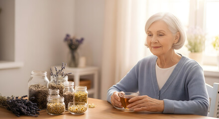 Serene senior woman enjoying a cup of herbal tea at home with various dried herbs for natural remedies.