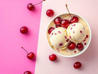 Flat lay of creamy vanilla ice cream with juicy cherries on a pastel pink tones background.