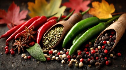 A vibrant assortment of spices featuring red chili peppers, green chili, and various peppercorns, beautifully arranged with autumn leaves.