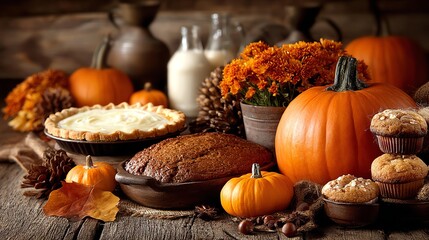 A warm autumn scene featuring freshly baked goods, pumpkins, and seasonal flowers, evoking the essence of harvest and cozy gatherings.