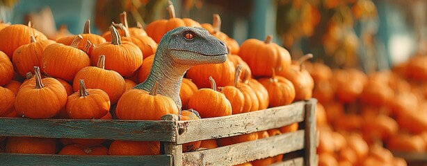 A whimsical scene featuring a dinosaur peeking out from a crate filled with vibrant orange pumpkins, set against a cheerful autumn backdrop.