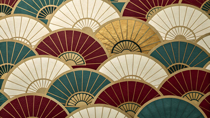 Art deco fan pattern with gold accents and rich colors