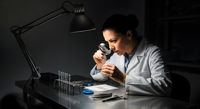 Female scientist in a lab coat meticulously examining a sample with a magnifying glass under a desk lamp.