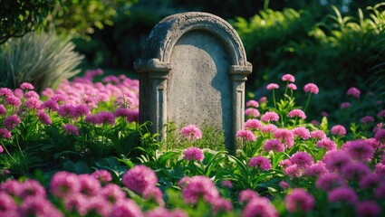 A stone memorial or gravestone surrounded by pink flowers in a garden setting.