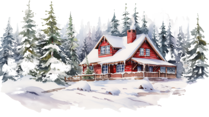 Cozy winter cabin retreat nestled in snowy pine forest, idyllic holiday getaway scene, watercolor illustration