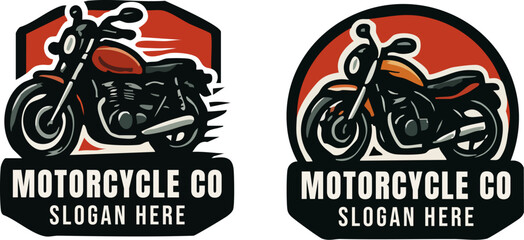 Retro style motorcycle company emblems featuring a classic cruiser bike illustration.