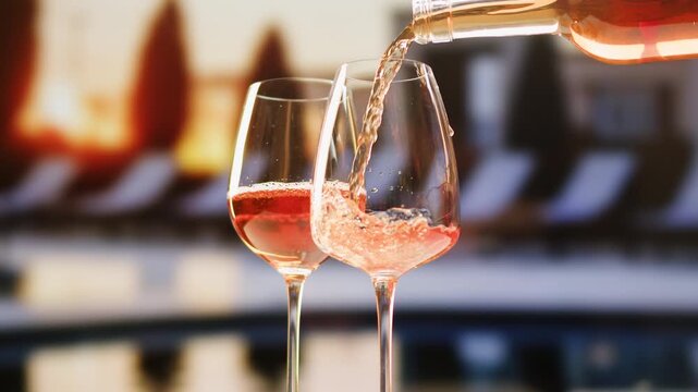 Orange or white rose wine bottle and glass against a sunset in a peaceful vineyard, pouring of ecological natural wine in hotel or sunset bar restaurant, cheers friends.