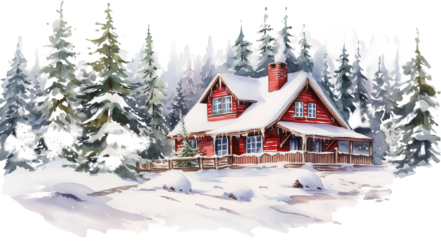 Cozy winter cabin retreat nestled in snowy pine forest, idyllic holiday getaway scene, watercolor illustration