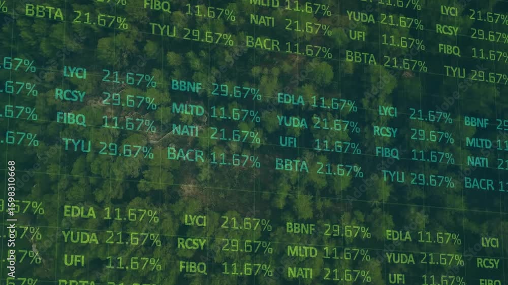 Poster grid overlay appearing over forest canopy, codes floating and percents updating to visualize data