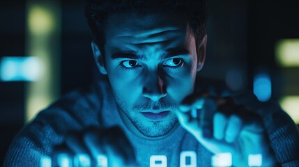 Focused Man with Furrowed Brow Engages with Technology in Night Scene