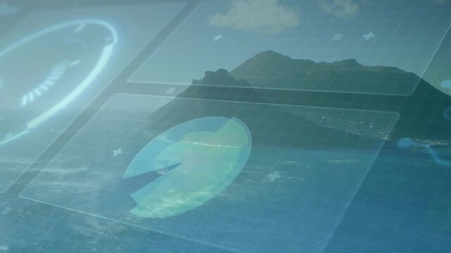 Ocean and island opening UI overlays animating gauge panels data and piechart completing display