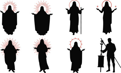 Vector art of silhouettes of religious women with halos in various poses, isolated on white background