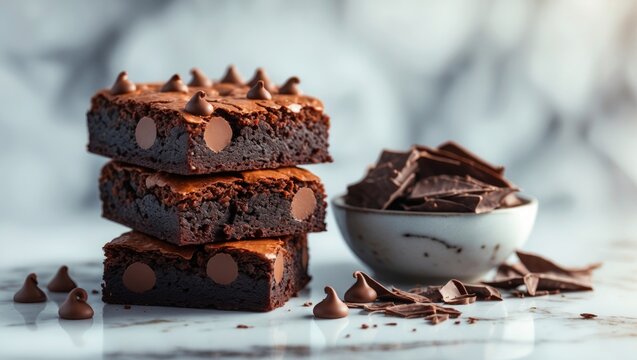 Stacked chocolate brownies with chocolate chips and a bowl of broken chocolate pieces beside them.