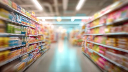 Abstract view of a supermarket aisle filled with colorful packaged food items creating a vibrant shopping atmosphere.