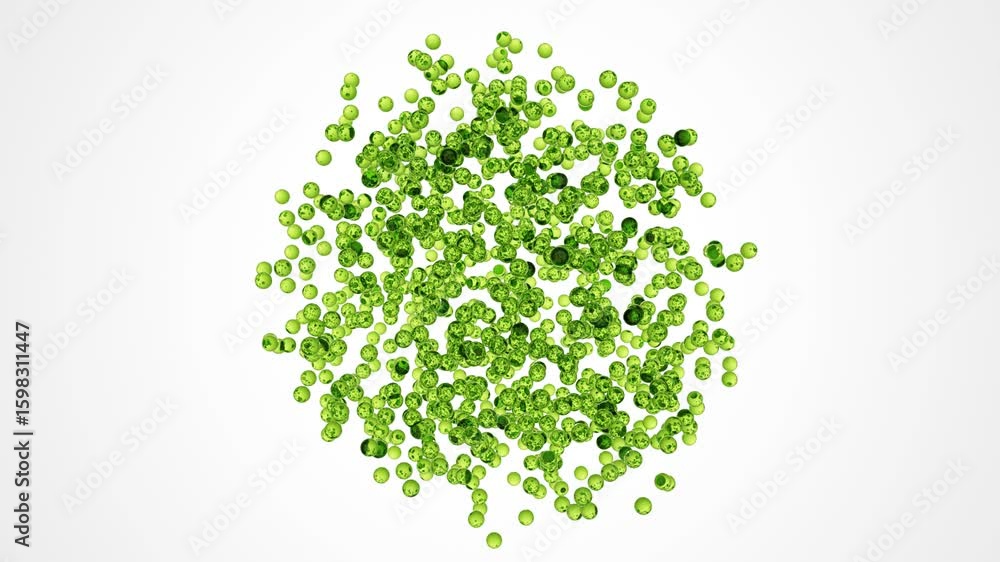 Poster abstract cloud of transparent green spheres floating gently through space, seamless 3d animation for