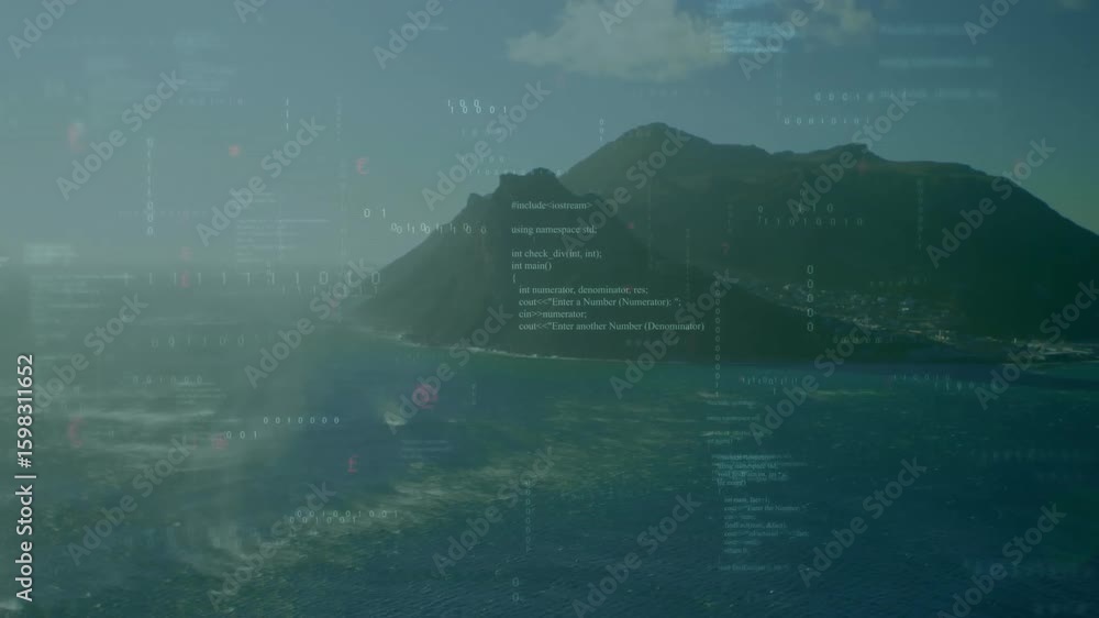 Poster timeline starting code streams fading in over rocky island for data visualization then fading out