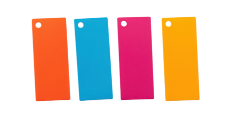 Colorful plastic tags in orange, blue, pink, and yellow arranged