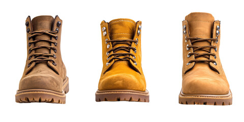 Three pairs of stylish hiking boots in different colors and designs  