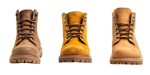 Three pairs of stylish hiking boots in different colors and designs  