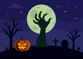 Halloween Night with Zombie Hand Pumpkin Tombstones Trees and Full Moon in a Dark Scene on white background