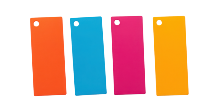Colorful plastic tags in orange, blue, pink, and yellow arranged  