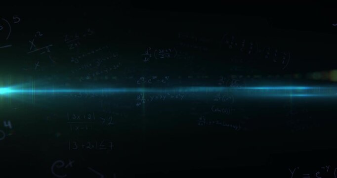 Beam emerging, equations glowing, flare moving inward, neon ring forming, highlighting formulas