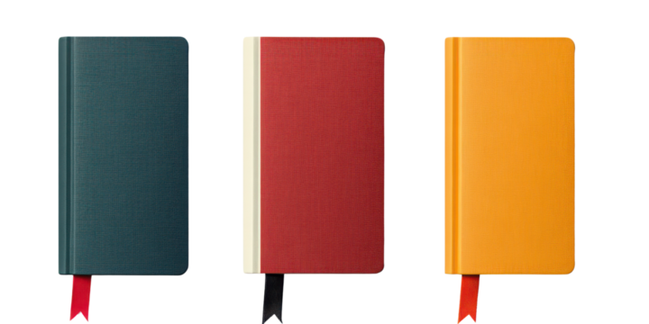 Colorful notebooks in green, red, and yellow on white background  
