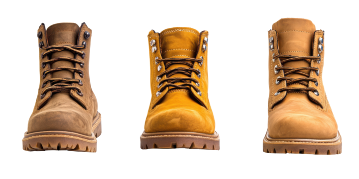 Three pairs of stylish hiking boots in different colors and designs  