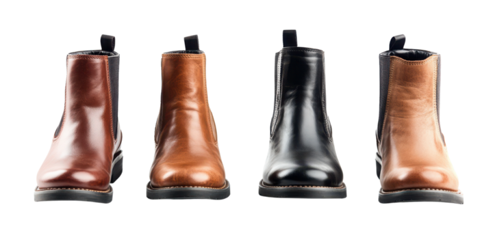 Four pairs of leather ankle boots in different colors and styles  