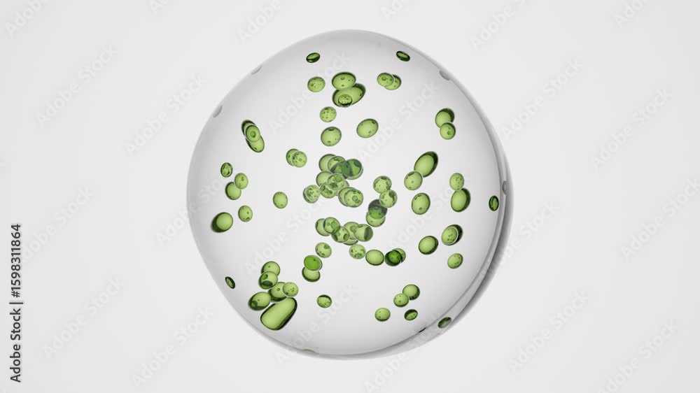 Poster glossy 3d spheres with floating green inner particles over polished surface, seamless abstract loop 