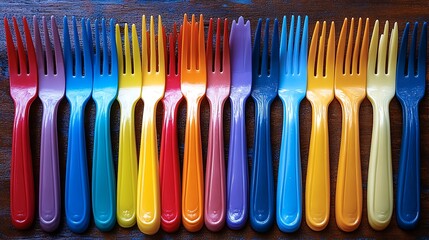 Colorful plastic forks arranged in a row.