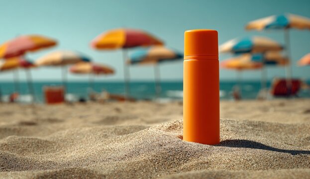 Orange sunscreen bottle standing on the sand of a tropical beach - Powered by Adobe