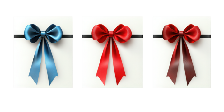 Colorful decorative bows in blue, red, and brown on white background  