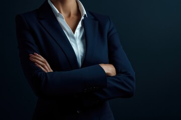 Confident Businesswoman in Dark Suit on Dark Background
