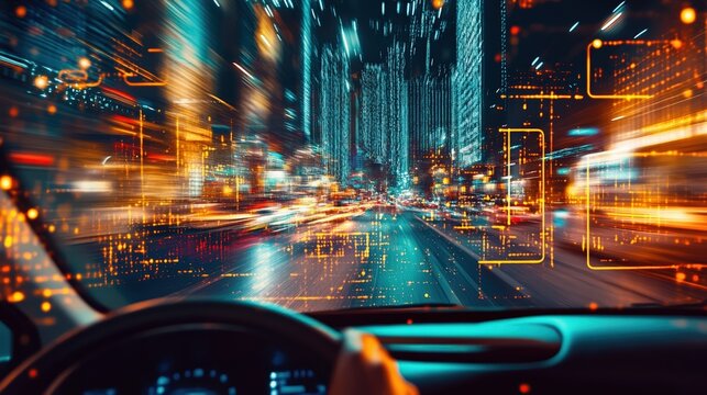 Futuristic Cityscape with Digital Interface Driving Experience