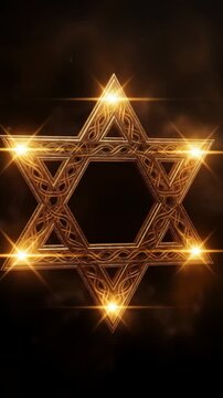 Illuminated golden Star of David rotates on dark background. Jewish faith symbol with decorative pattern for religious holidays clip.