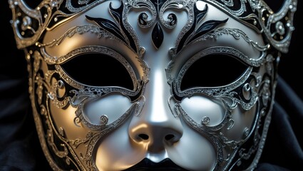 A detailed silver mask with intricate designs and embellishments, covering a person's face with dark eye openings.