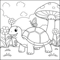 Cute cartoon turtle with butterfly, mushrooms, and flowers – black and white line art for kids