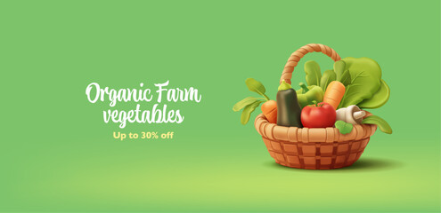 Realistic farm vegetables in a wicker basket, 3D, on a green background. Modern banner for advertising promotional offers, special discounts, and sales of fresh natural vegetables. Vector
