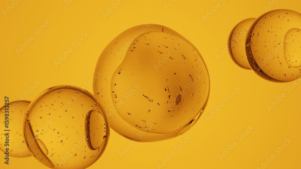 Poster large transparent sphere filled with air bubbles, surrounded by smaller spheres orbiting smoothly on