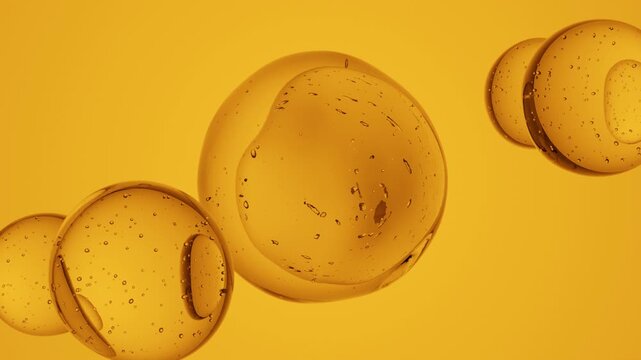 Large transparent sphere filled with air bubbles, surrounded by smaller spheres orbiting smoothly on a vibrant orange background. Ideal for creative branding, futuristic visuals
