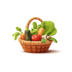 Fresh vegetables in a basket, 3D. Organic, realistic vegetables in a wicker eco basket. Natural ecological farm vegetables on a white background. Vector illustration.