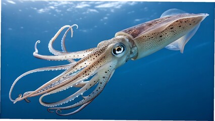 Close up of a spotted squid swimming in blue water
