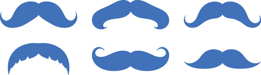 Obraz premium Set of blue mustache icons. Collection of various retro male facial hair styles. Vector illustration for men's health awareness concepts. 