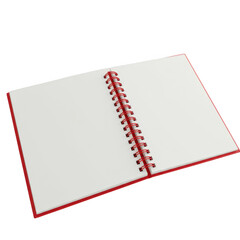 Open spiral notebook with blank pages and red binding isolated on transparent background