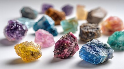 Close-up of various colorful raw gemstones on white background