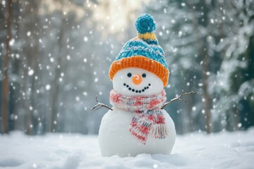 Close-Up Snowman in Knitted Hat in Snowy Forest