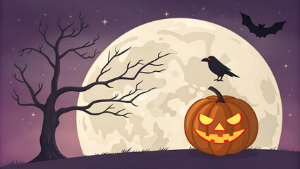 Fototapeta premium Spooky halloween scene with a glowing jack o lantern and bare tree under a full moon