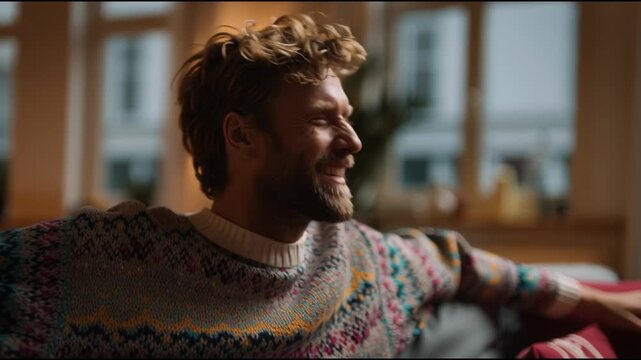 Man relaxes on sofa in cozy living room during evening, enjoying calm atmosphere and joyful moment